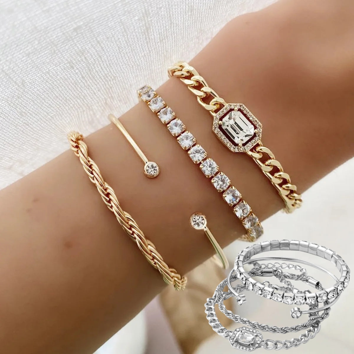 Bohemian Crystal Bracelet Set Of 4 For Women, Twisted Cuff Style