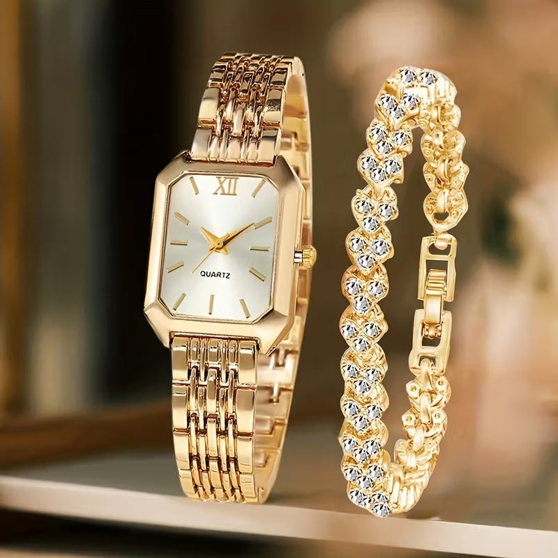 Women's Square Quartz Wristwatch Set with Bracelet