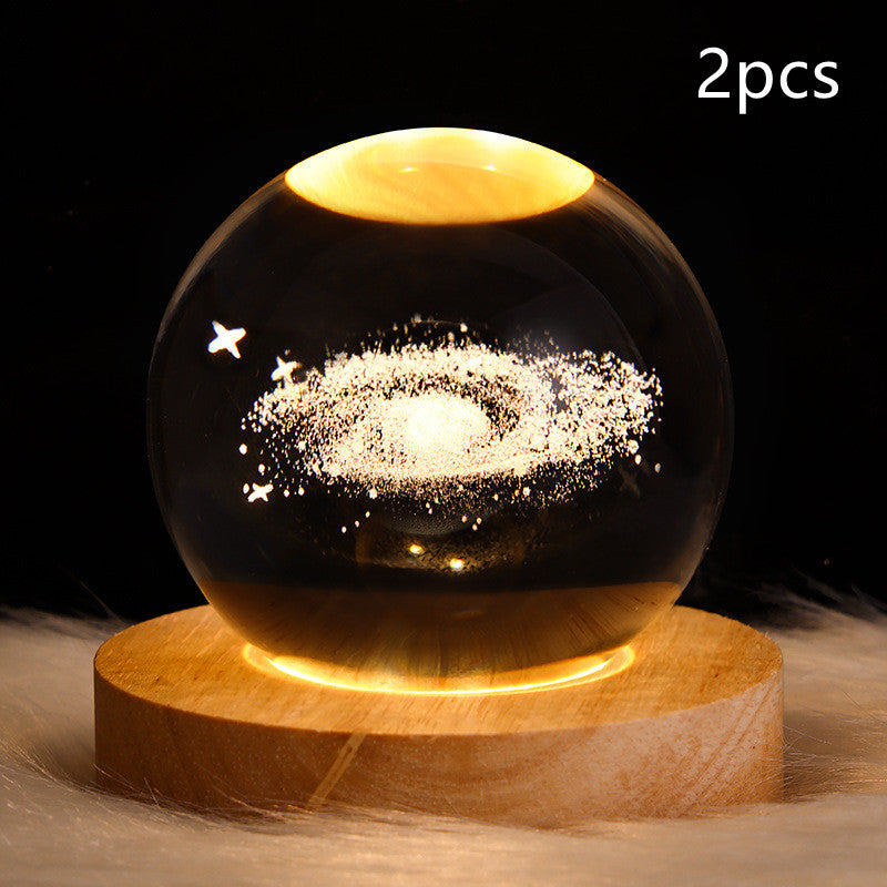LED Galaxy Crystal Ball Night Light With Solid Wood Base