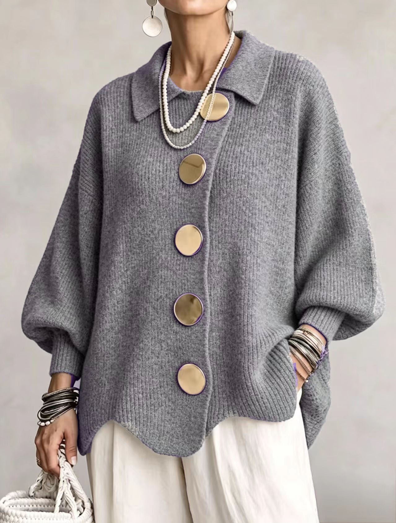 Women's Button-Down Knitted Cardigan, Loose Lapel Jacket
