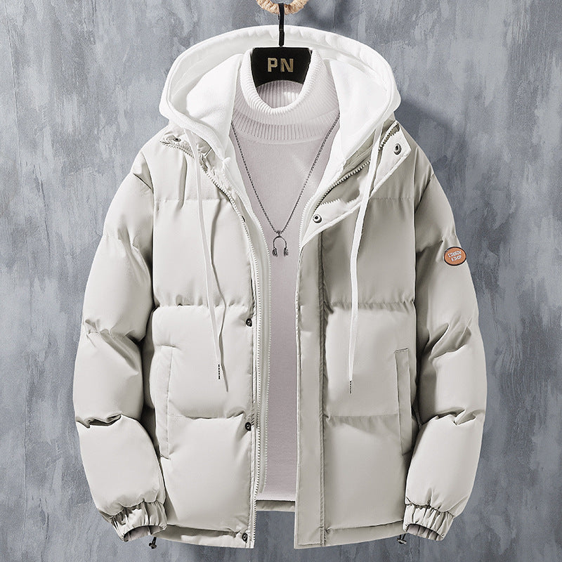 Men's Hooded Winter Jacket With Fake Two-Piece Design, Windproof