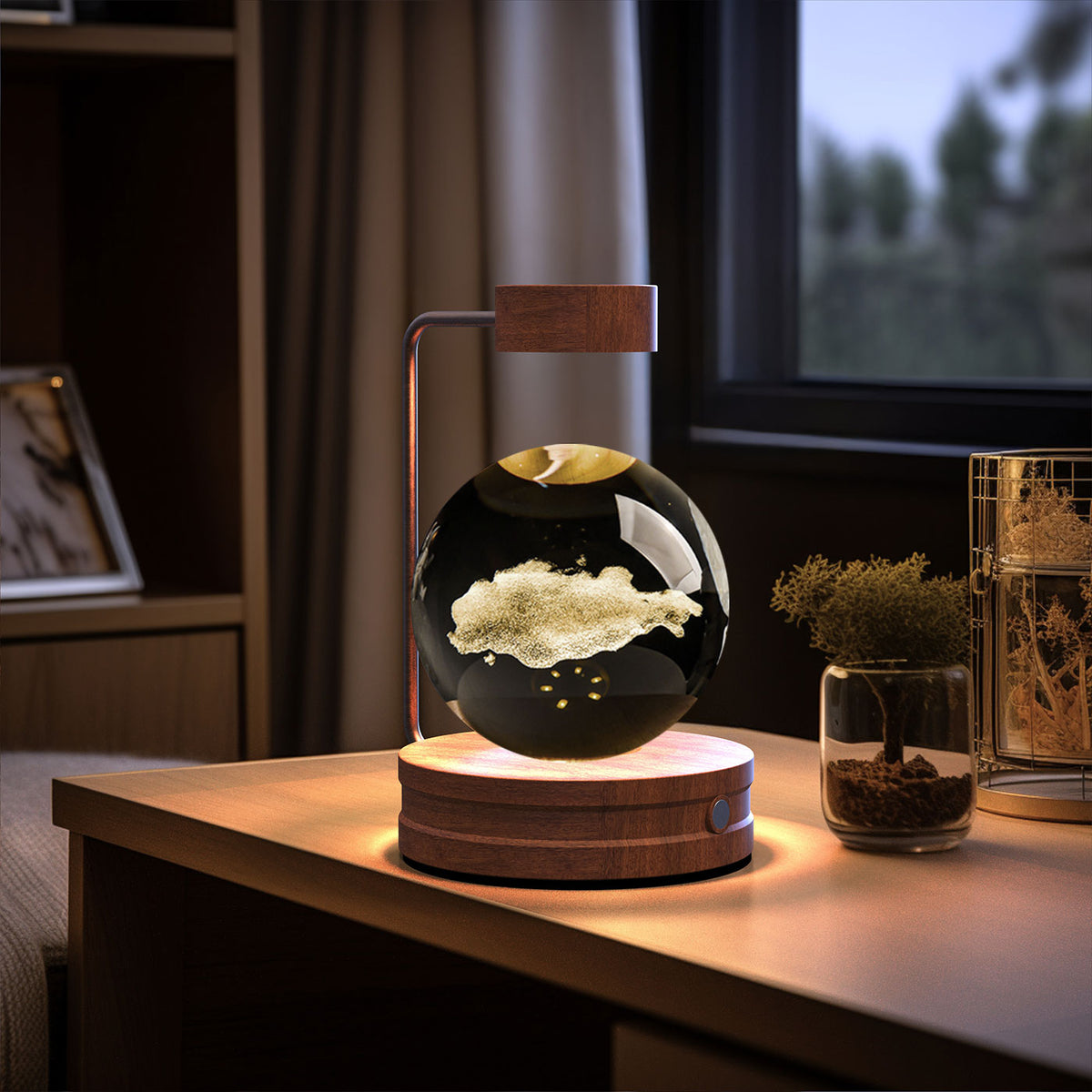 Crystal Ball Night Light With 3D Pattern On Wooden Base