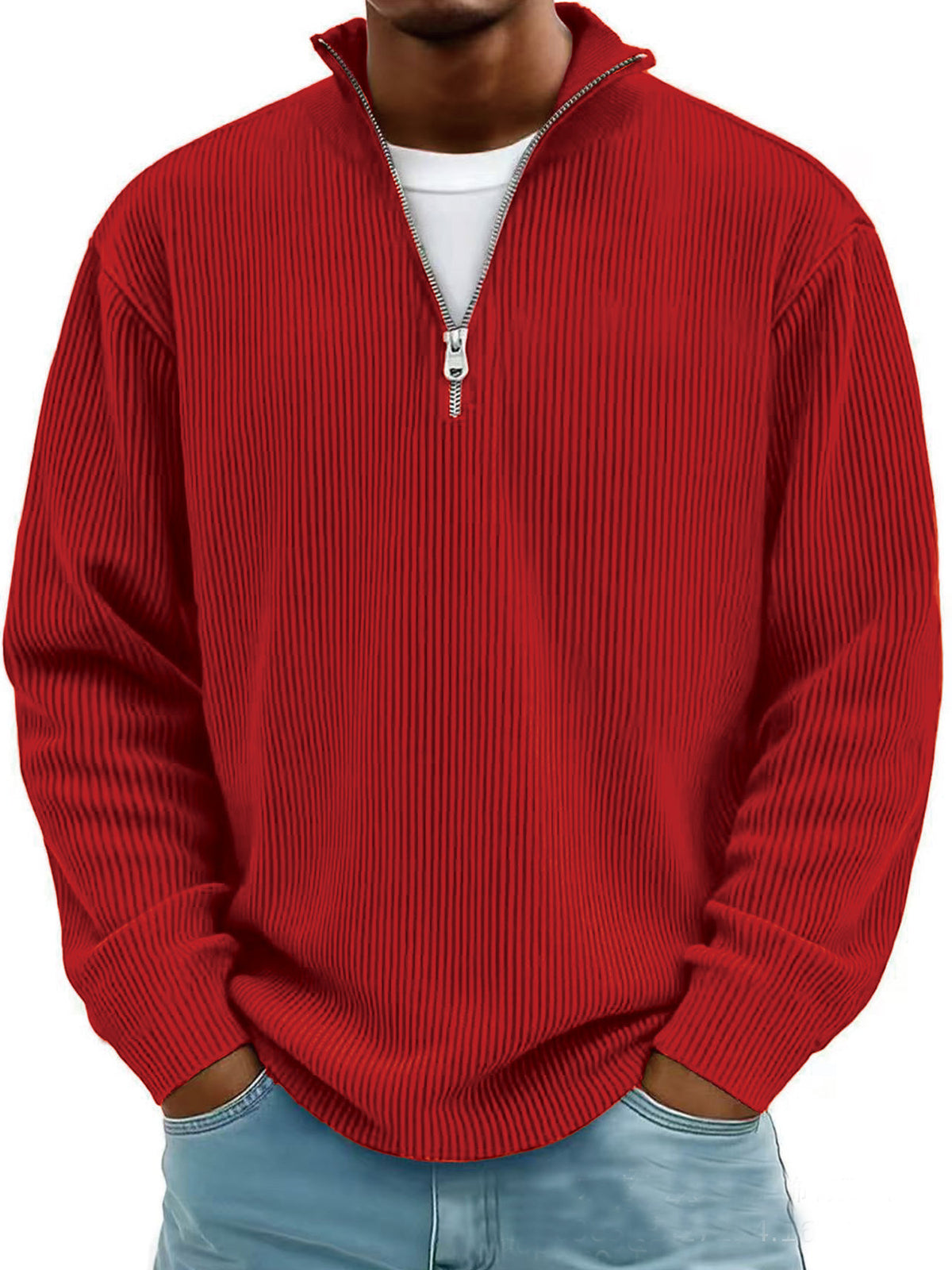 Corduroy Zip-Up Stand Collar Sweatshirt, Warm Solid Colour Top for Men