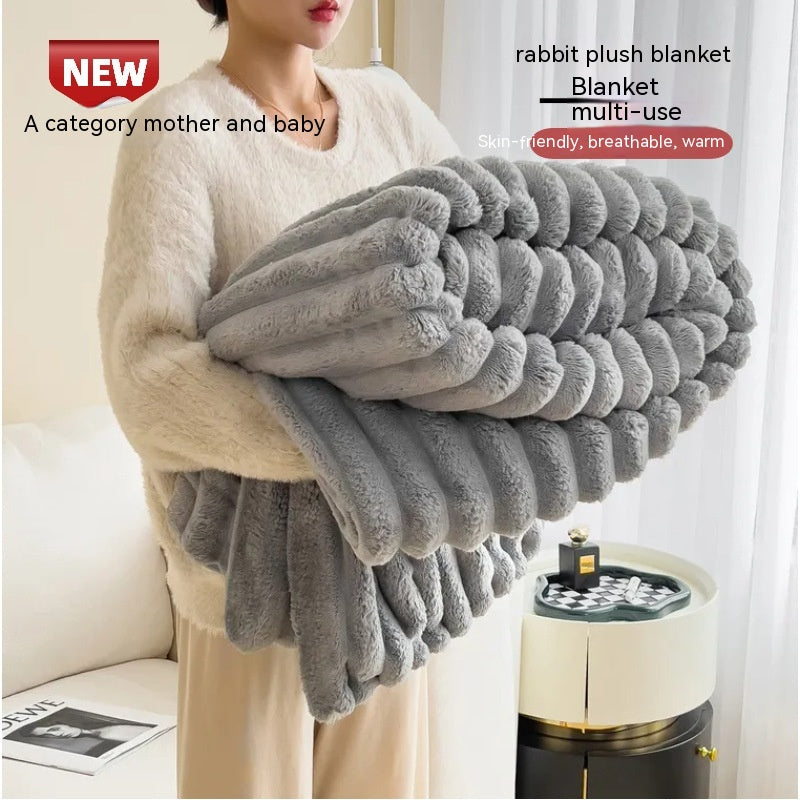 Soft Faux Rabbit Fur Blanket, Thick Bubble Velvet Throw