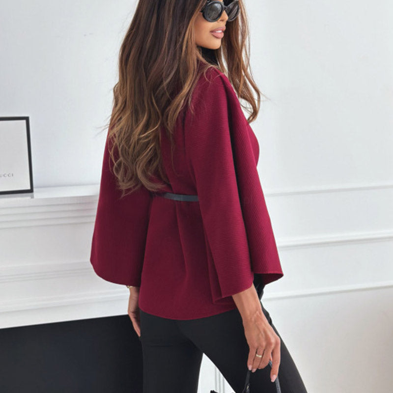 Women's Stand Collar Batwing Cloak Jacket With Belt, Woolen Look