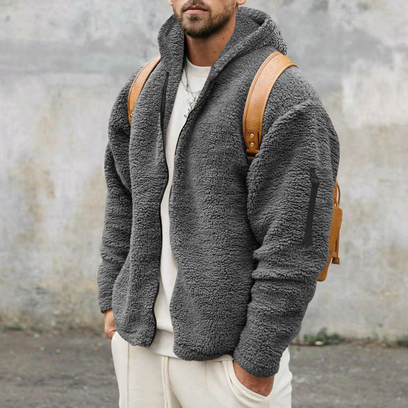 Men's Plush Hooded Fleece Jacket, Double-Sided Warm Zip Coat