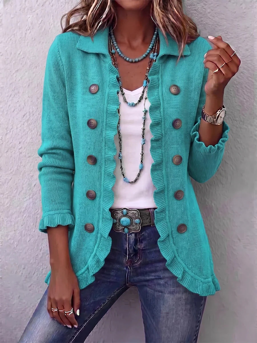 Women's Ruffled Long-Sleeve Knit Cardigan With Buttons