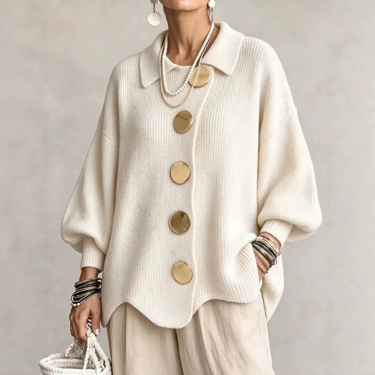 Women's Button-Down Knitted Cardigan, Loose Lapel Jacket