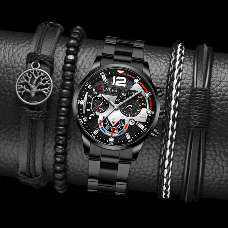 Men's Three-Eye Quartz Watch And Bracelet Set In Steel Strip