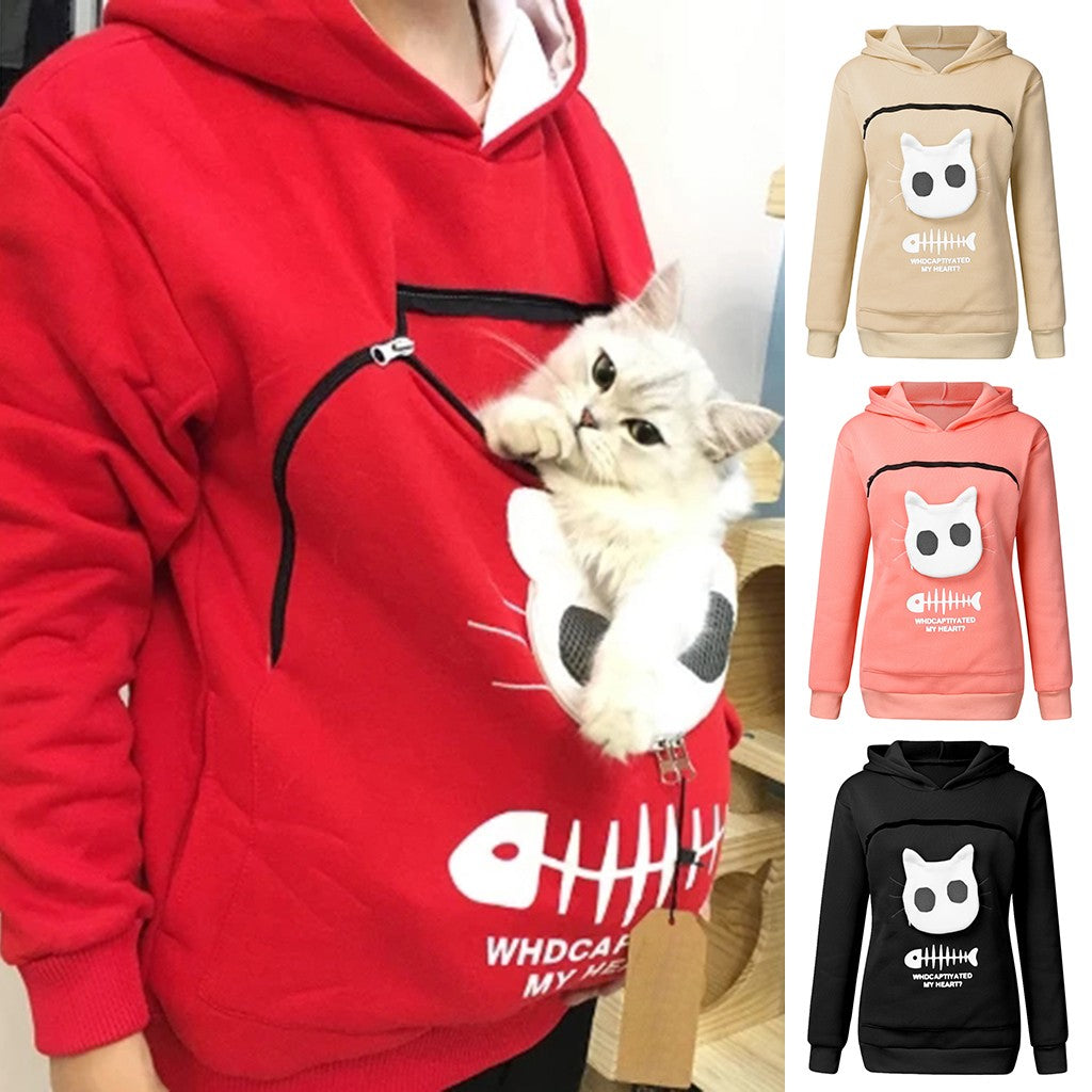 Women's Cat Pocket Hoodie Sweatshirt with Long Sleeves, Cosy Fit