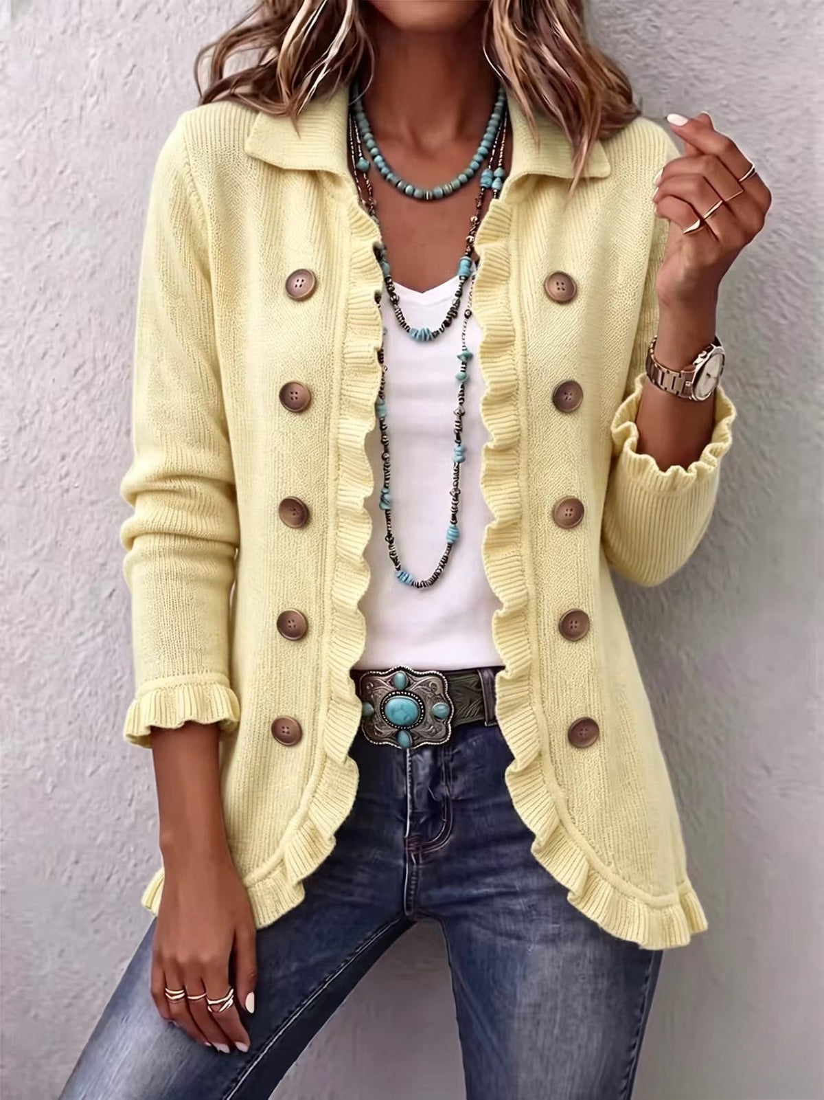 Women's Ruffled Long-Sleeve Knit Cardigan With Buttons