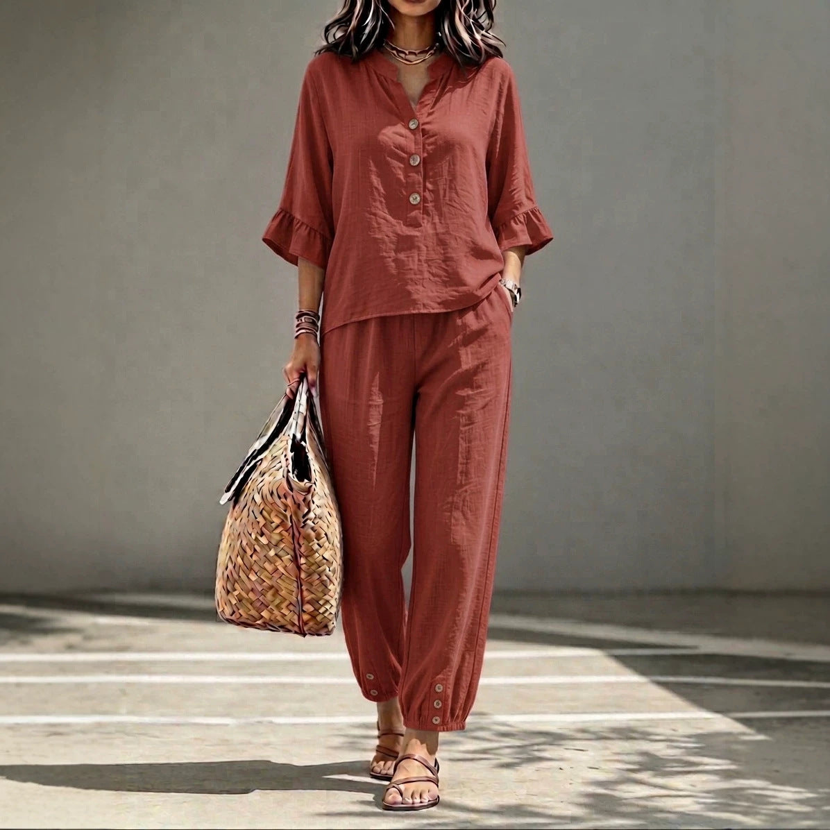 Women's 2-Piece V-Neck Top and Wide Leg Trousers Co-ord Set