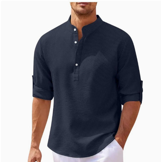 Men's Long Sleeve Stand Collar Shirt, Solid Colour Casual Top