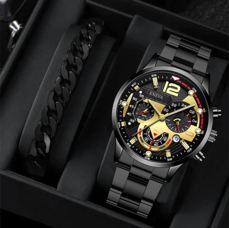 Men's Three-Eye Quartz Watch And Bracelet Set In Steel Strip