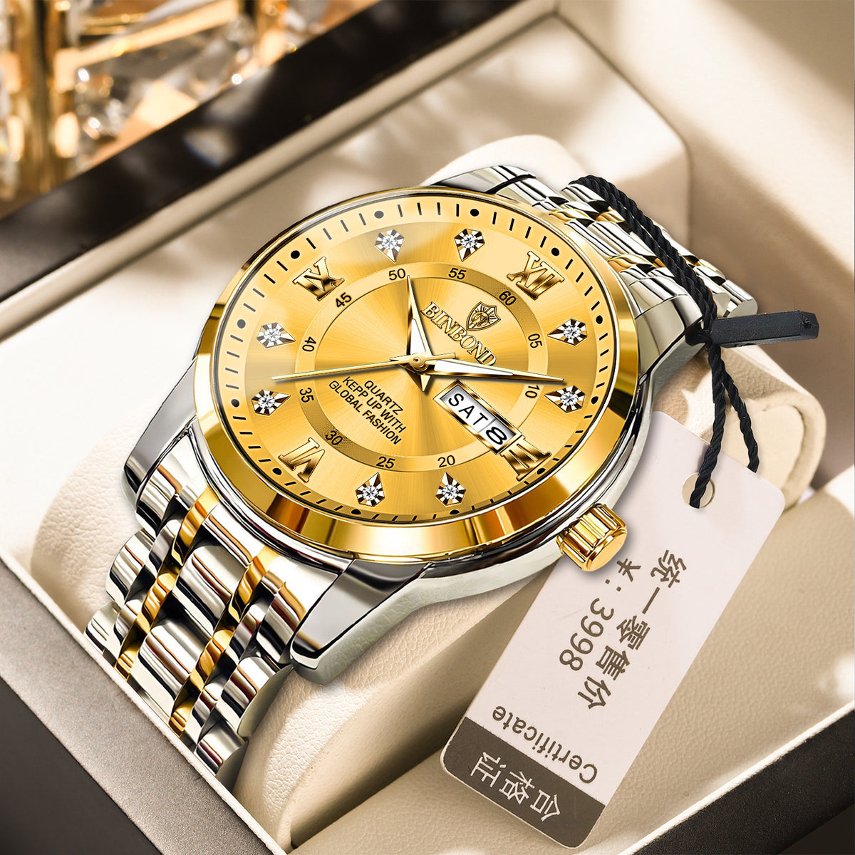 Light-Luxury Business Quartz Watch For Men In Steel And Gold