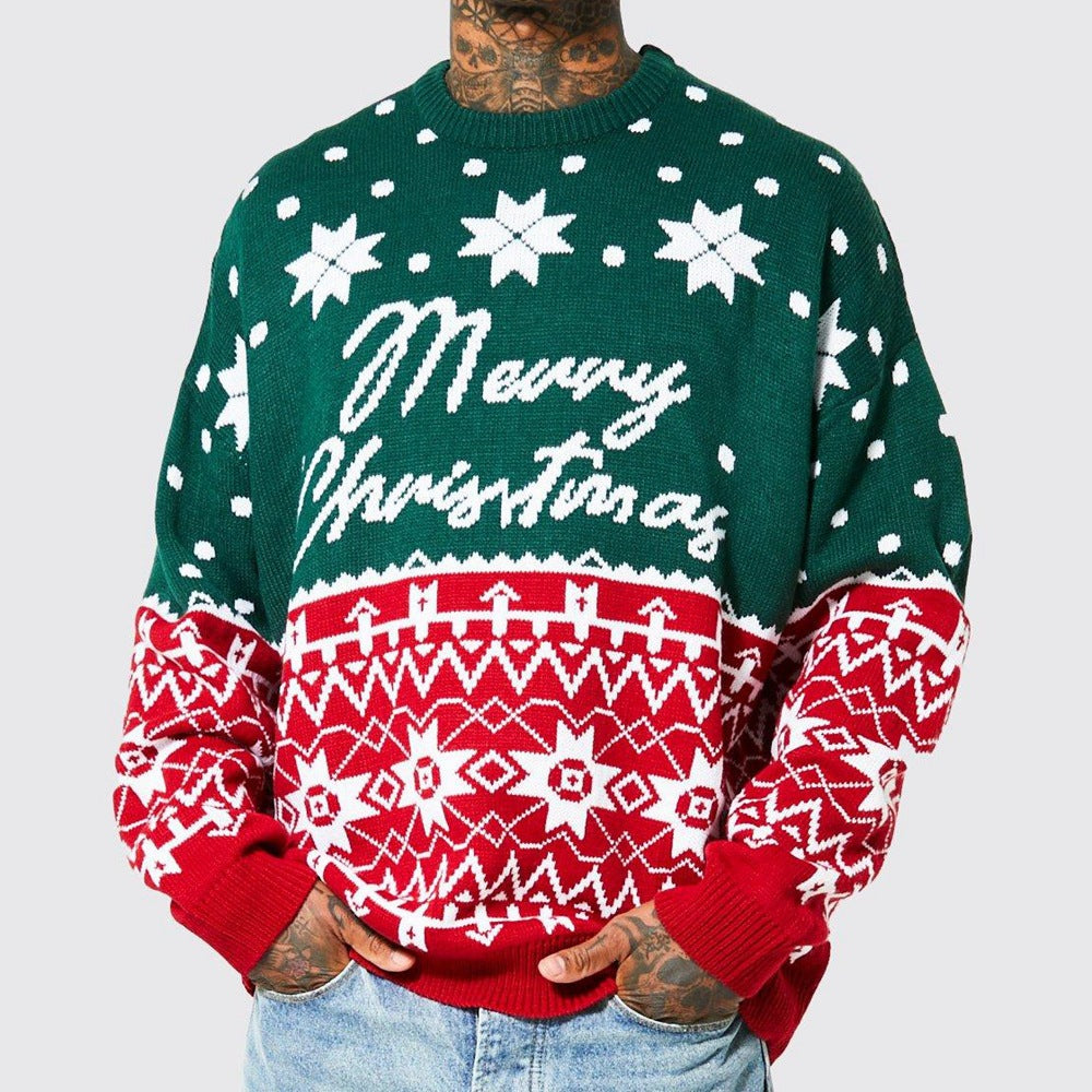 Men's Knitted Jacquard Pullover Sweater with Round Neck