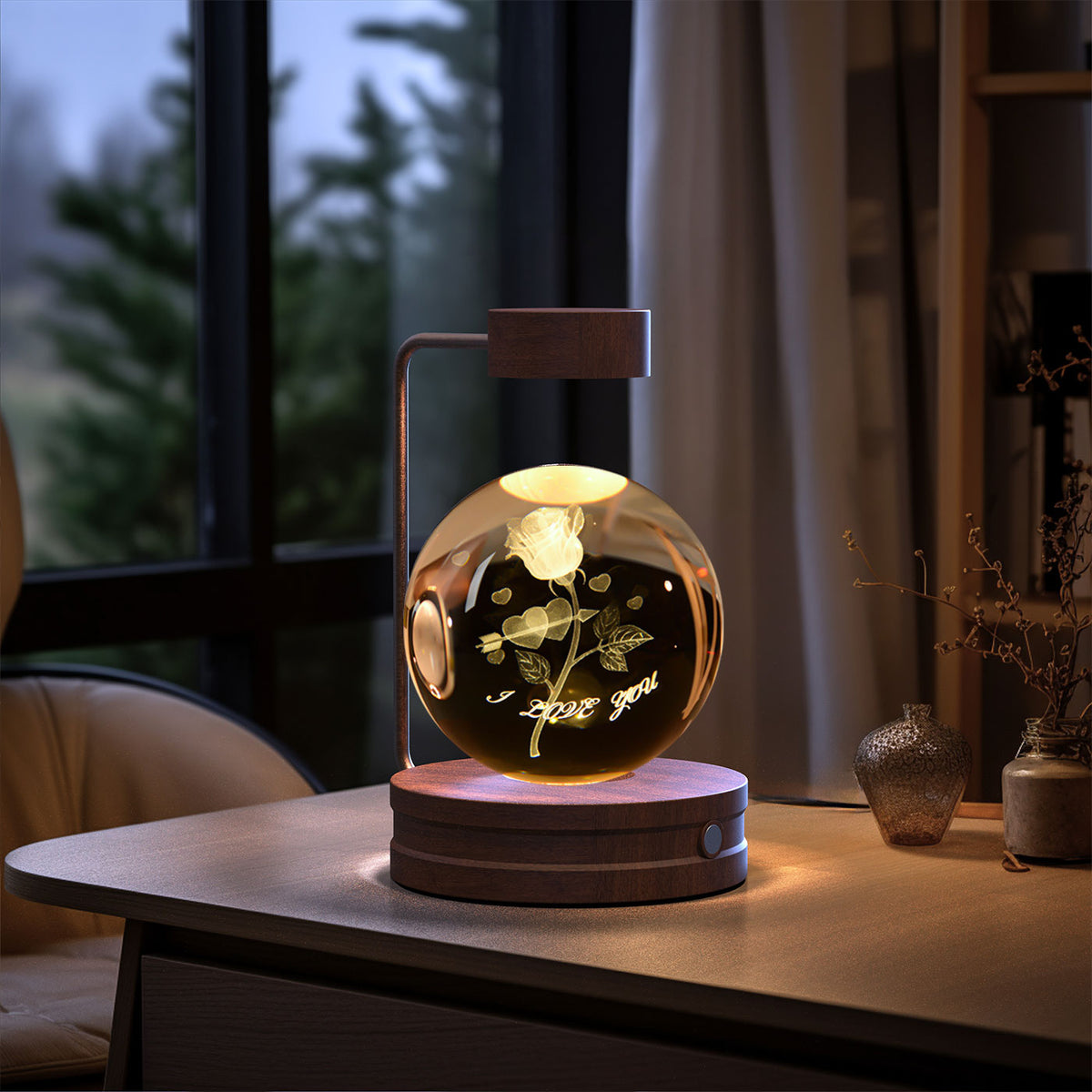 Crystal Ball Night Light With 3D Pattern On Wooden Base