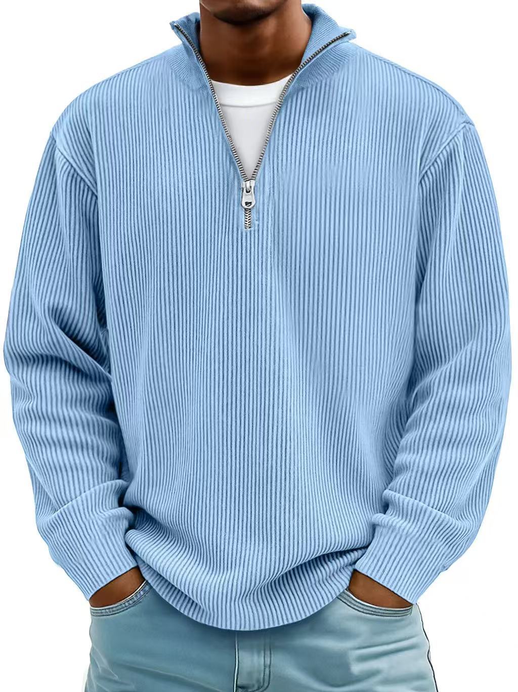 Corduroy Zip-Up Stand Collar Sweatshirt, Warm Solid Colour Top for Men
