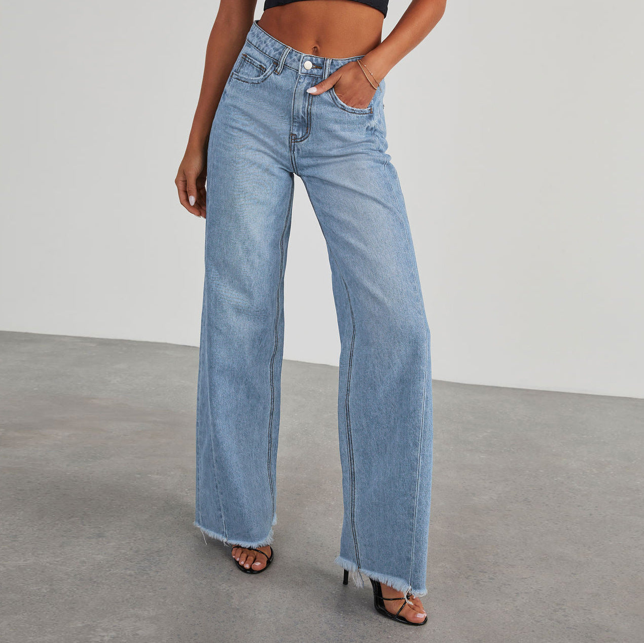 Women's High-Waist Straight Wide-Leg Jeans with Pockets