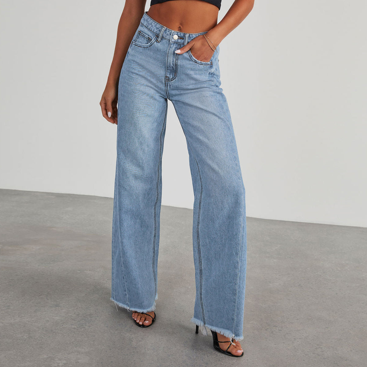 Women's High-Waist Straight Wide-Leg Jeans with Pockets