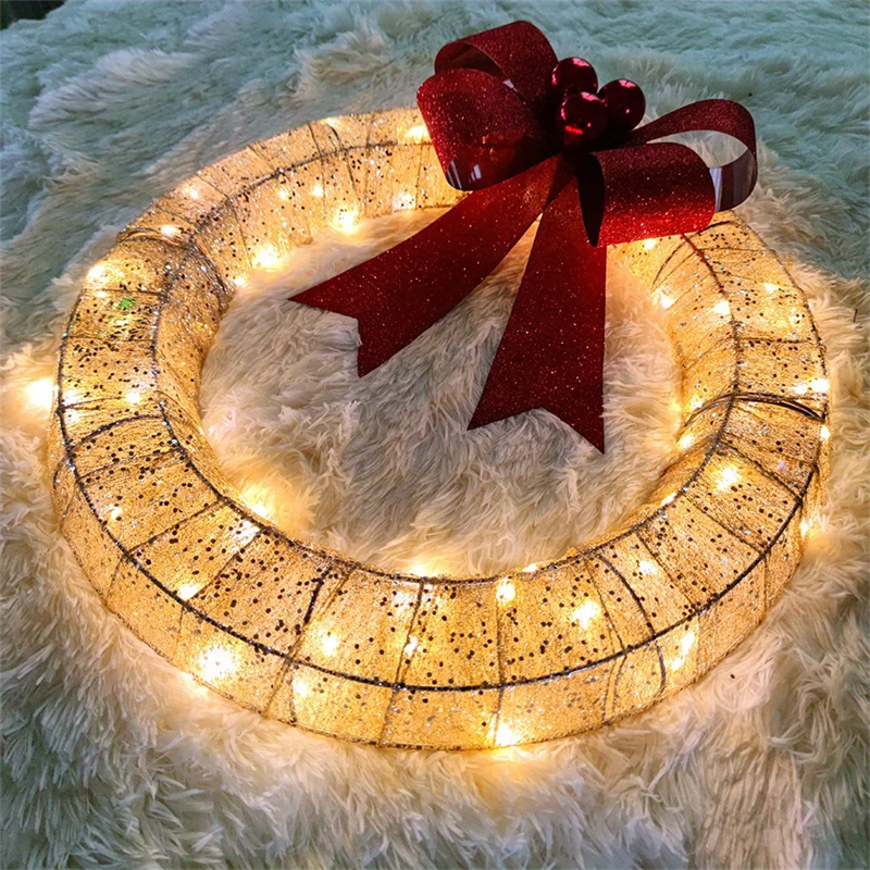 50cm Christmas Garland with Warm LED Lights and Big Bow