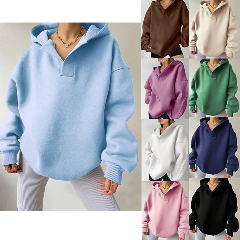 Women's Solid Colour Loose Hoodie with Long Sleeves