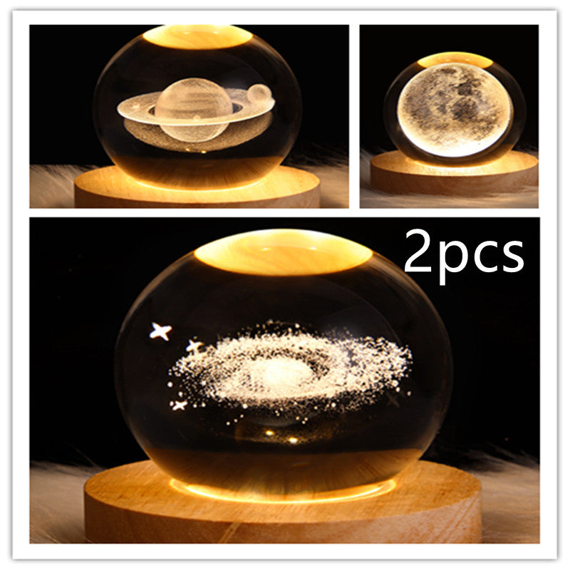 LED Galaxy Crystal Ball Night Light With Solid Wood Base