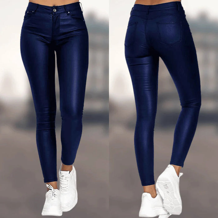 Pantalon skinny enduit taille haute pour femme à fermeture zippée