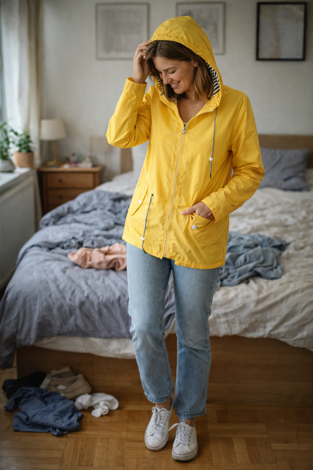 Women's Long Lightweight Rain Jacket with Hood and Drawstring