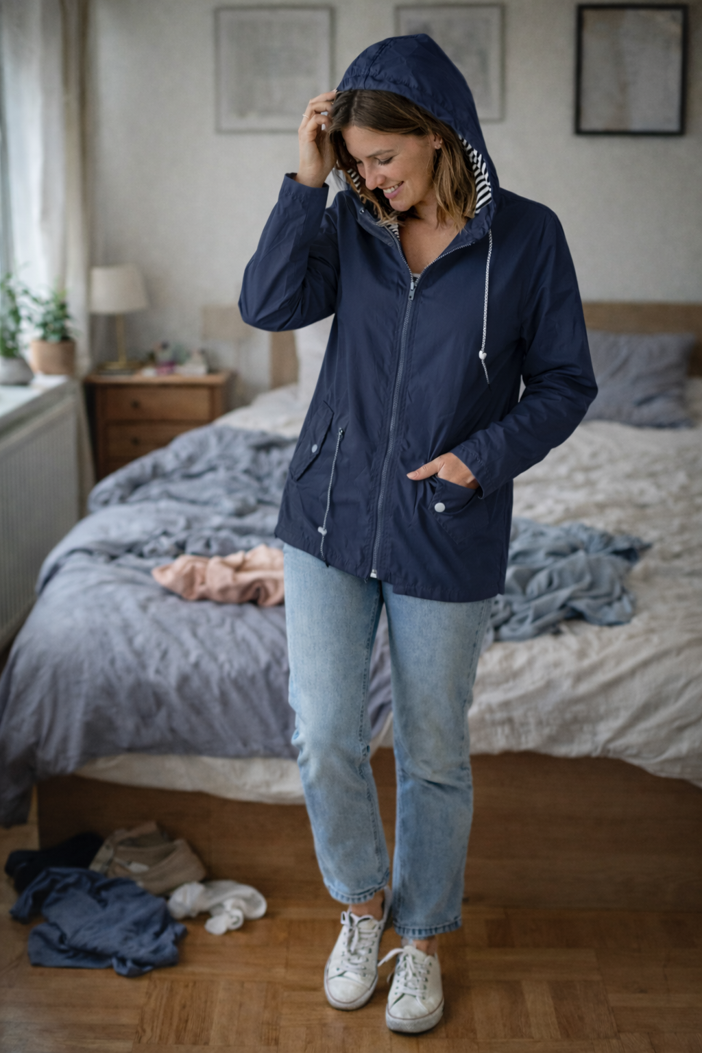 Women's Long Lightweight Rain Jacket with Hood and Drawstring