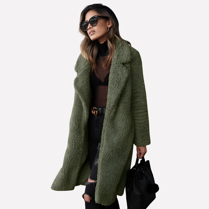 Manteau teddy long pour femme à col cranté et devant ouvert
