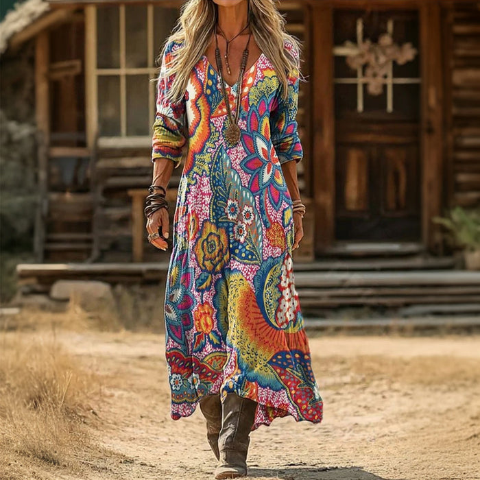 Natalie | Vestido vintage multicolorido de manga comprida