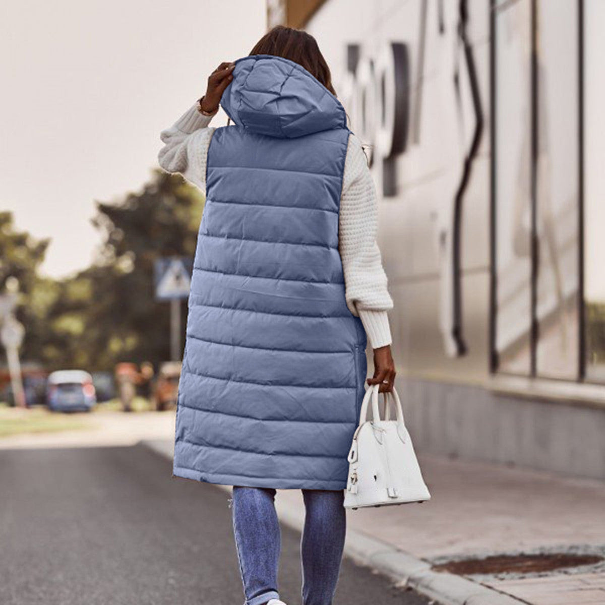 Women's Long Quilted Gilet with Hood and Pockets
