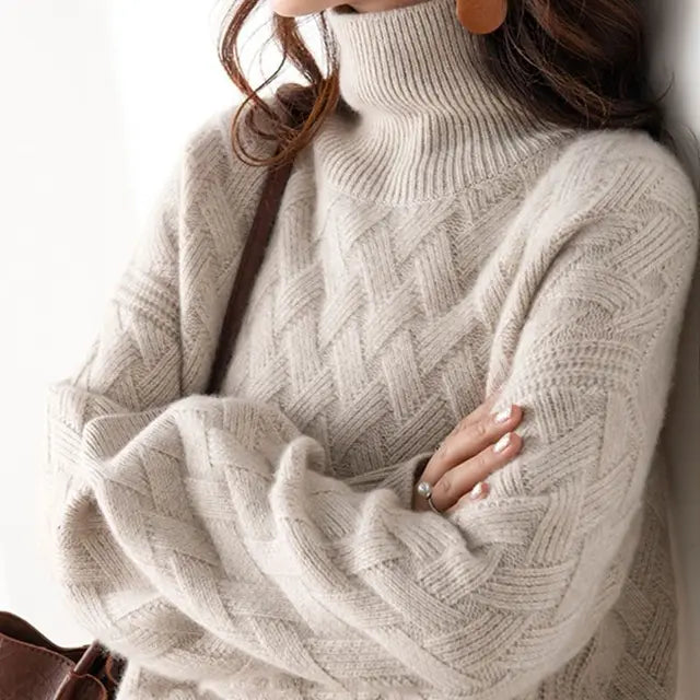 Maglione da donna a collo alto in maglia a trecce, vestibilità comoda