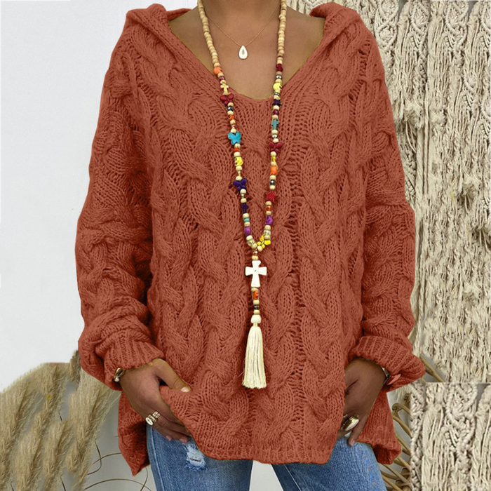 Maglione con cappuccio da donna a trecce e scollo a V oversize