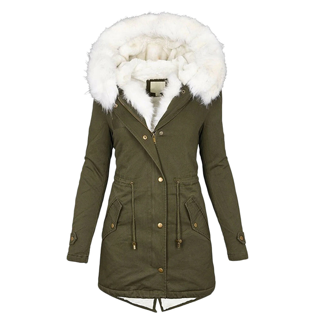 Women's Hooded Winter Jacket with Fleece Lining and Button Detail