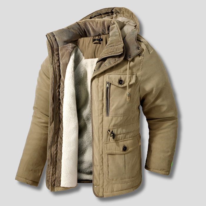 Miesten hupullinen parka, jossa on useita taskuja ja vetoketjukiinnitys edessä