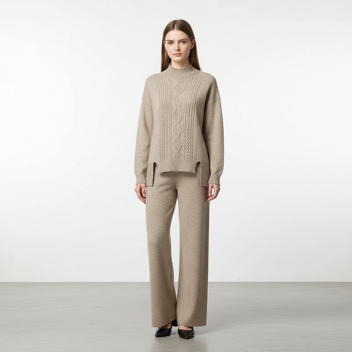 Conjunto de jersey de punto trenzado y pantalón de pierna ancha para mujer
