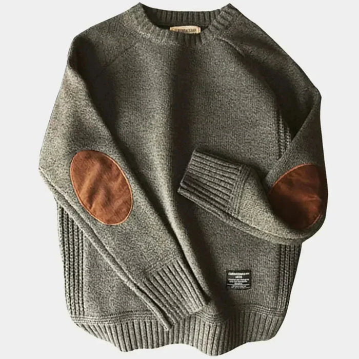 Camisola de gola redonda para homem com remendos nos cotovelos e bainha canelada