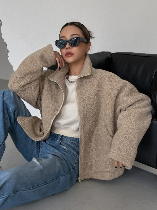 Women's Oversized Fleece Jacket with Stand Collar and Zip