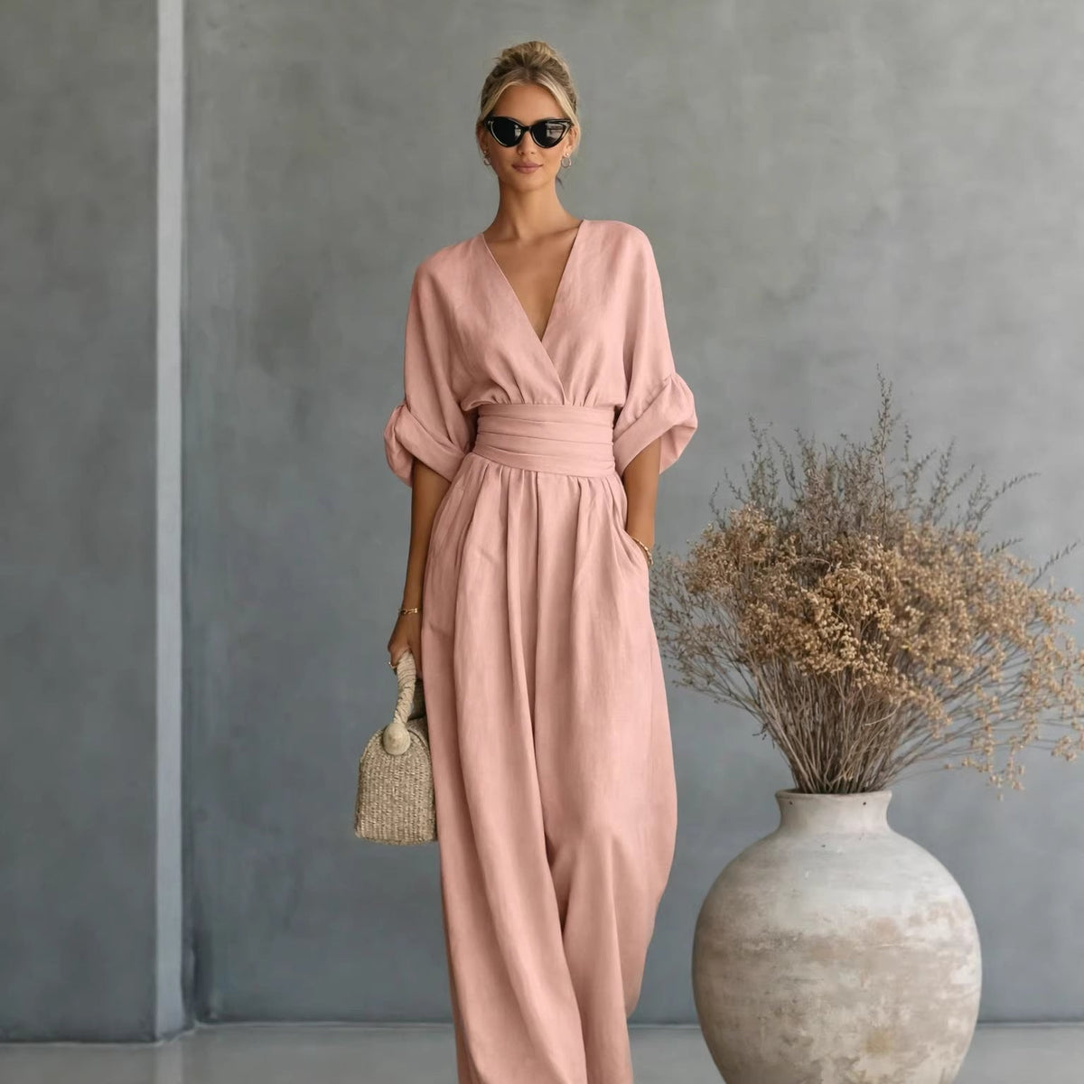 Women's Wide-Leg Jumpsuit with V-Neck and Elegant Draping