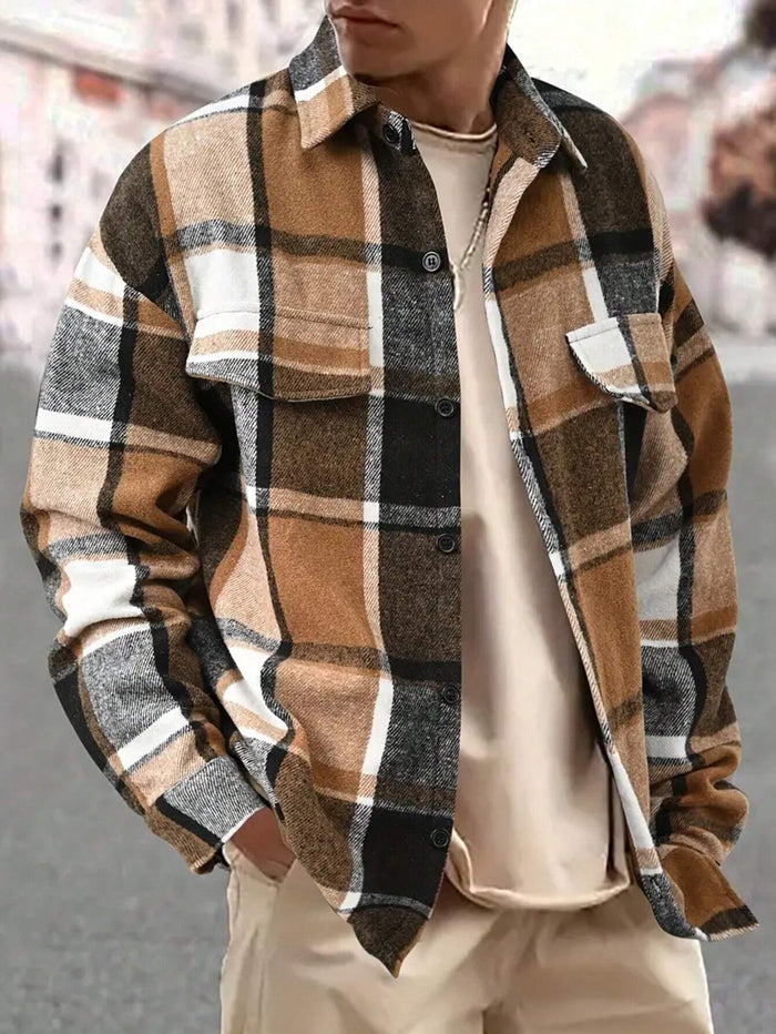 Sobrecamisa de franela a cuadros para hombre con cierre frontal de botones