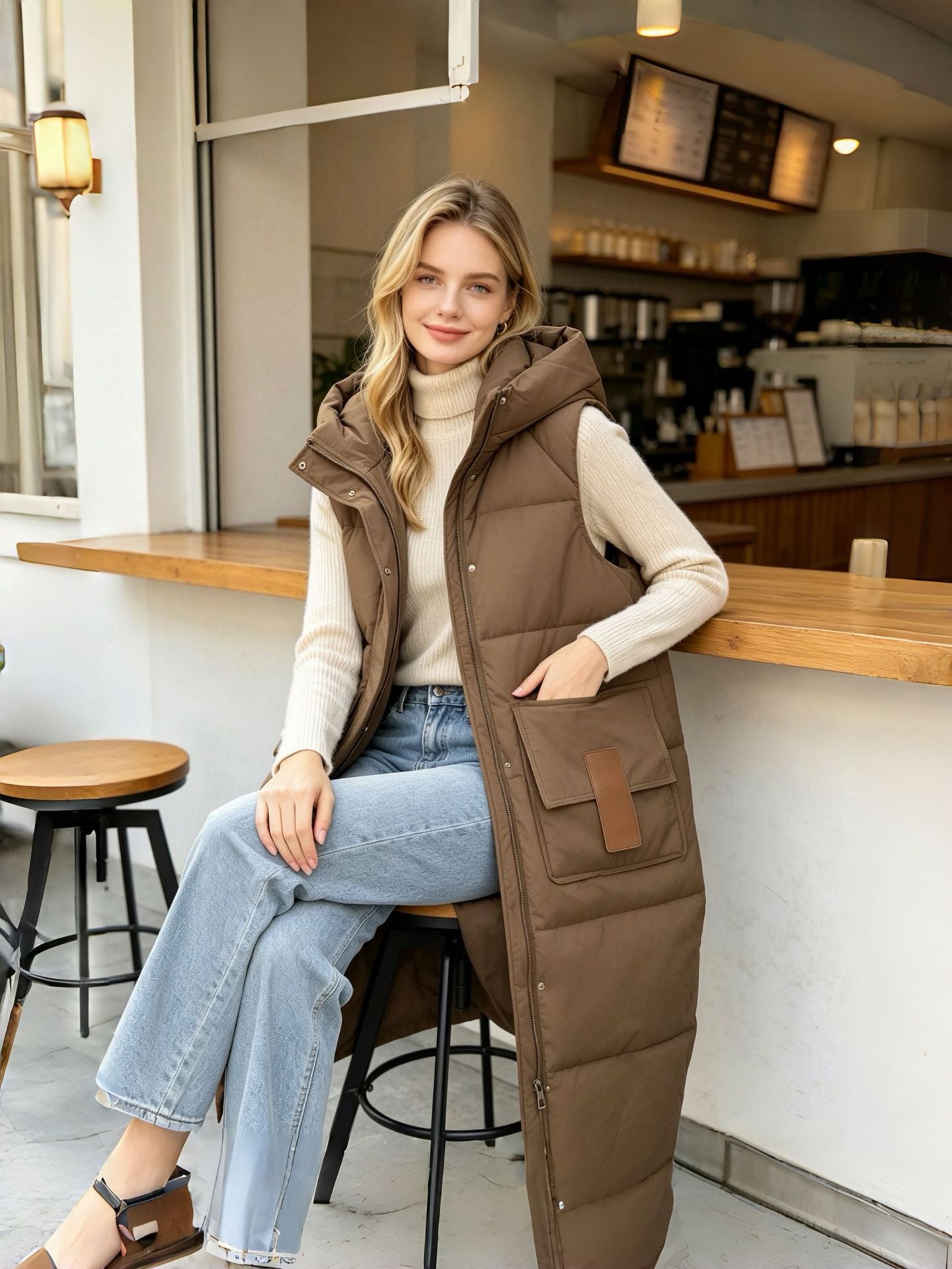 Women's Knee Length Quilted Gilet with Hood and Side Pockets