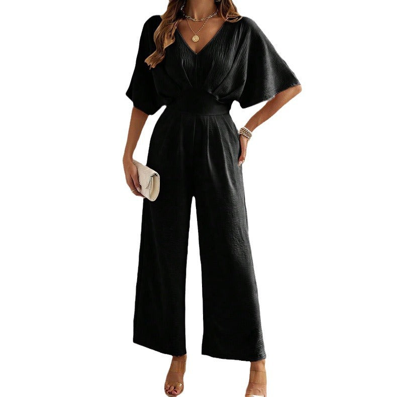 Women's Wide-Leg Jumpsuit with V-Neck and Elegant Draping
