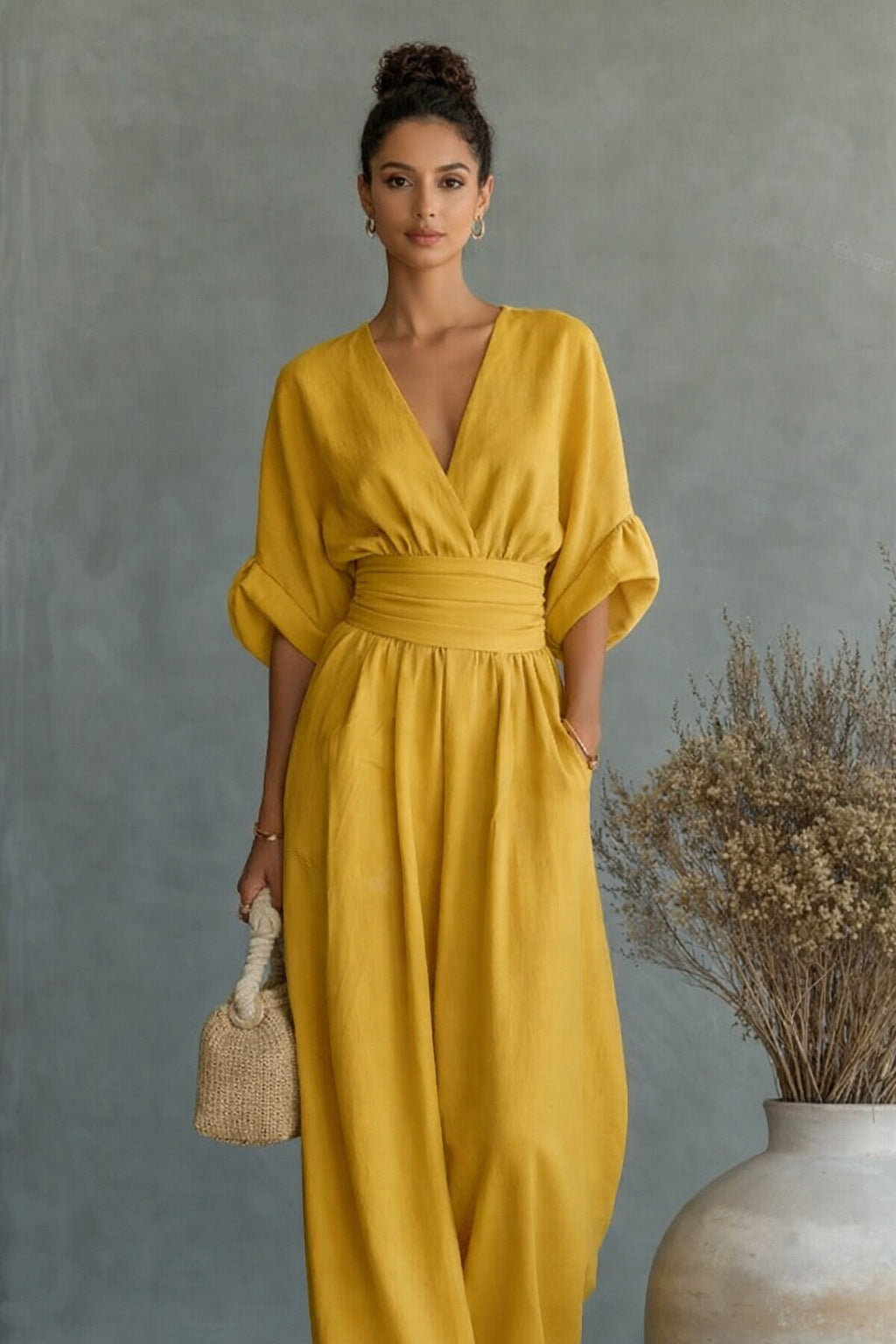 Women's Wide-Leg Jumpsuit with V-Neck and Elegant Draping