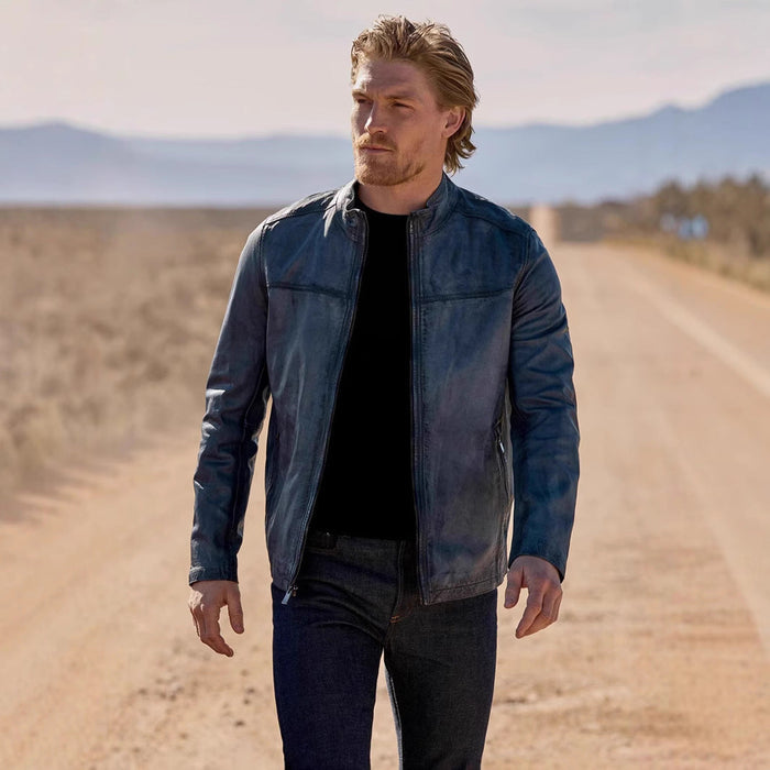 Blouson de motard en cuir pour homme, col montant et fermeture zippée sur le devant