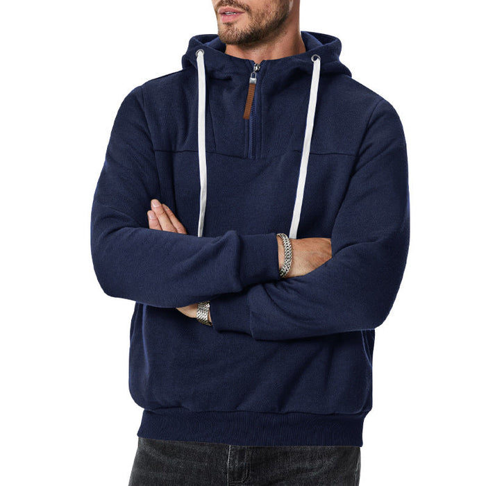 Camisola masculina com capuz ajustável por cordão e fecho de meia abertura