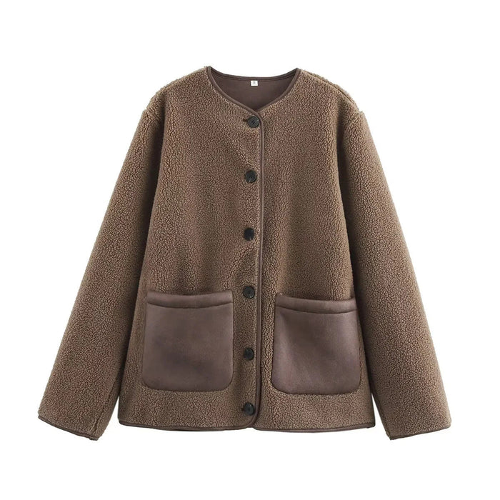 Women's Teddy Fleece Jacket with Round Neck and Button Front