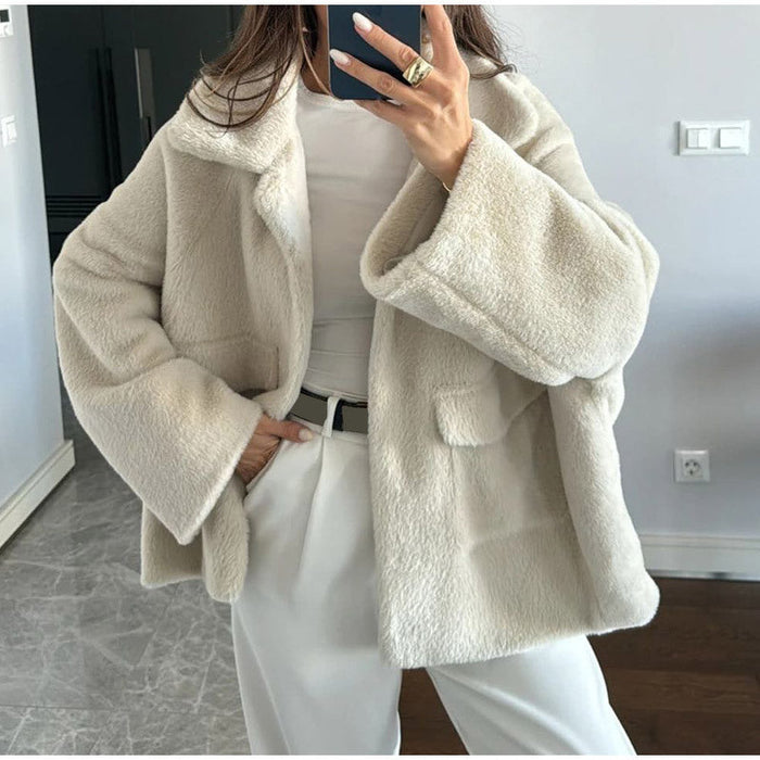 Chaqueta de peluche extragrande para mujer con solapa ancha