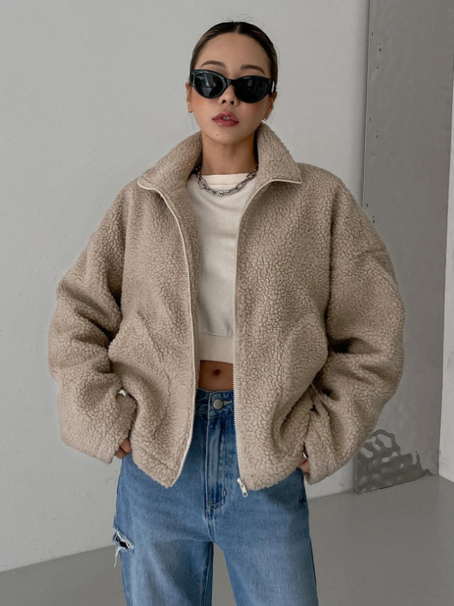 Women's Oversized Fleece Jacket with Stand Collar and Zip
